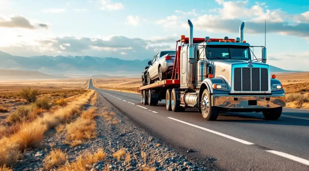 A professional Snappy Towing flatbed truck hauling a luxury SUV on a long highway stretch outside of Gardner at dawn.