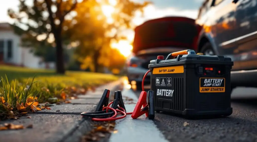 A Snappy Towing technician using a professional booster pack to jump start a car in Gardner.
