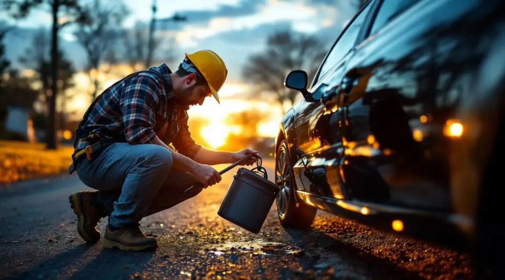 A professional Snappy Towing technician using specialized lockout tools to safely unlock a sedan in Gardner at dusk.