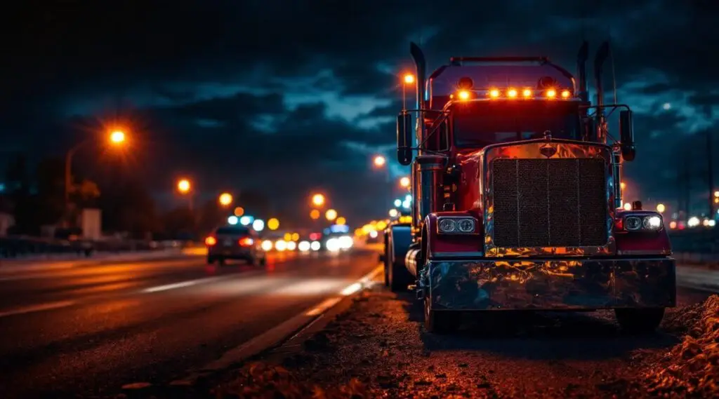 A Snappy Towing flatbed truck with amber safety lights assisting a disabled vehicle on the Lynnway at night in Gardner.