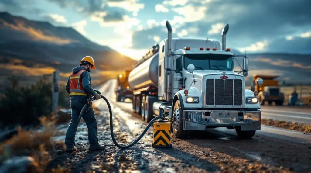 A Snappy Towing service vehicle parked safely behind a stranded car on a Gardner highway at dusk with amber lights flashing.
