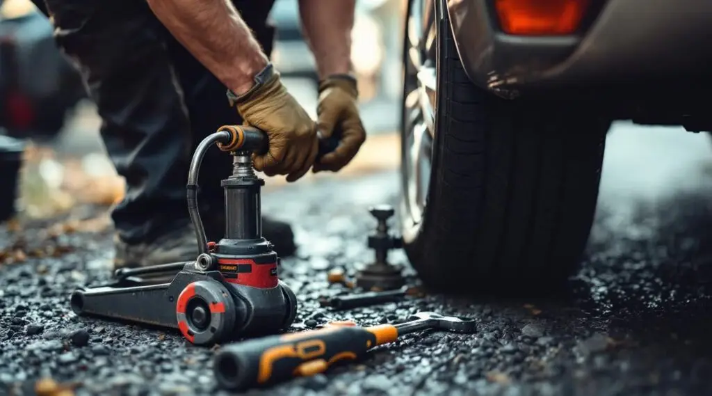 A professional Snappy Towing technician using a floor jack to change a flat tire on a busy Gardner roadside at dusk.