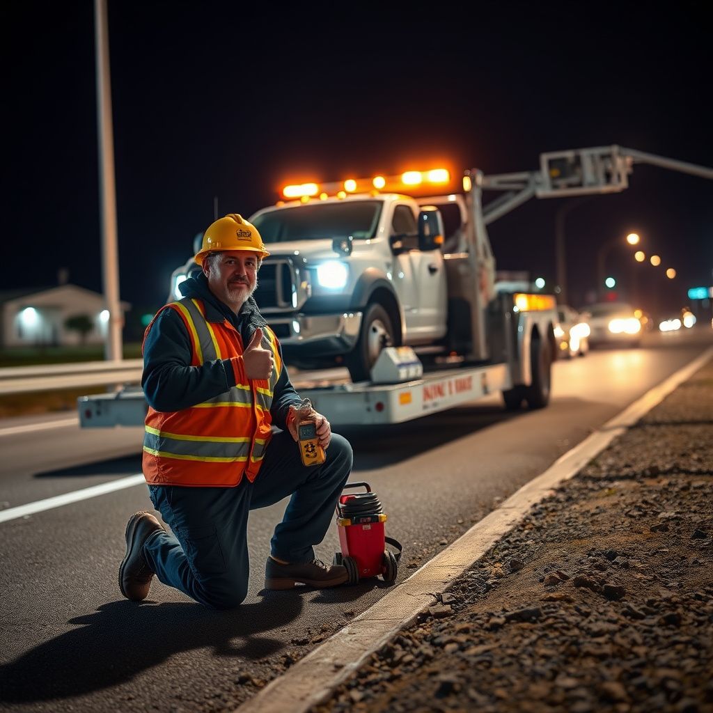 A Snappy Towing technician in a high-visibility vest preparing a tow truck for service on a road in Gardner, Kansas.