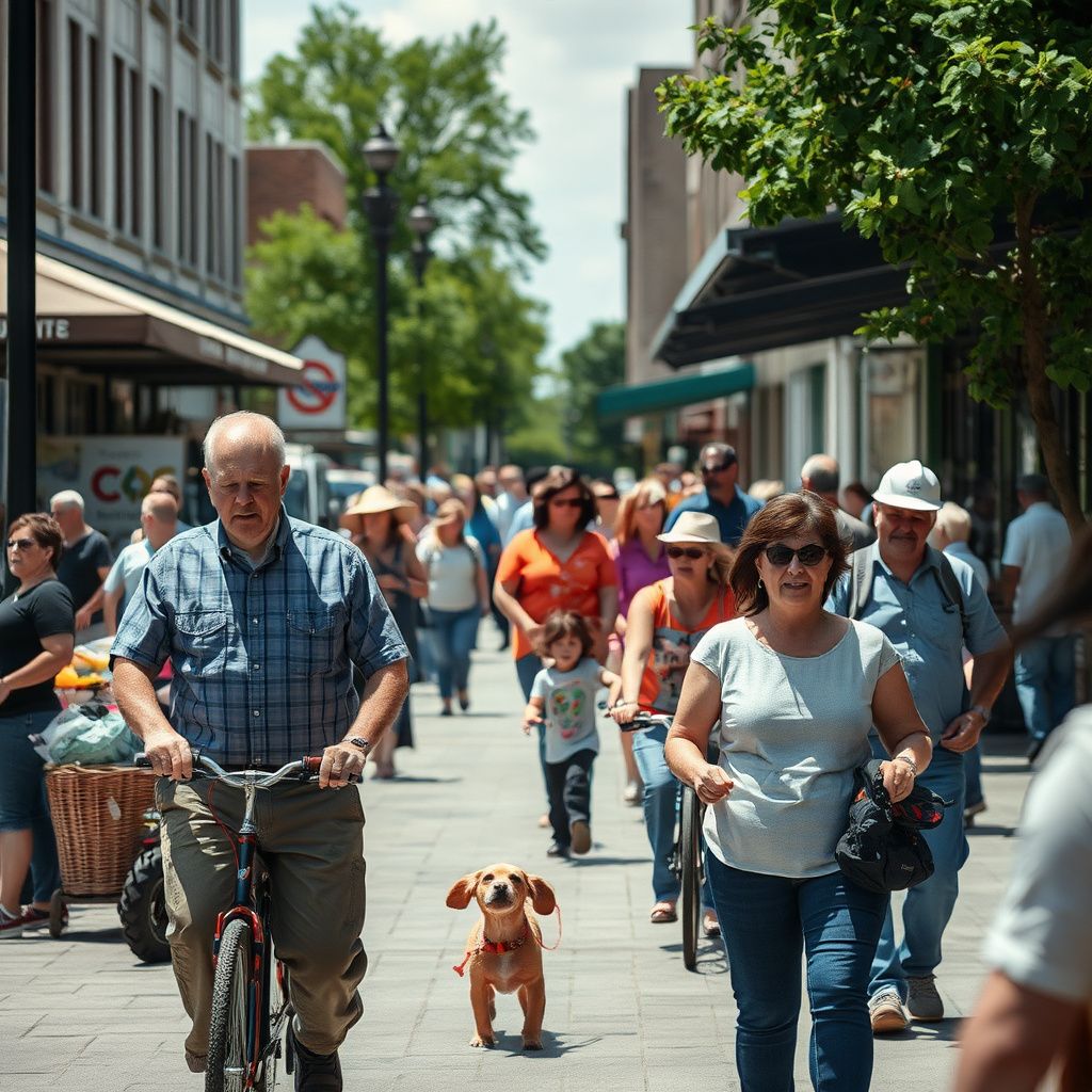A charming street scene in historic downtown Gardner, Kansas, with local businesses and brick buildings under a bright, sunny sky.