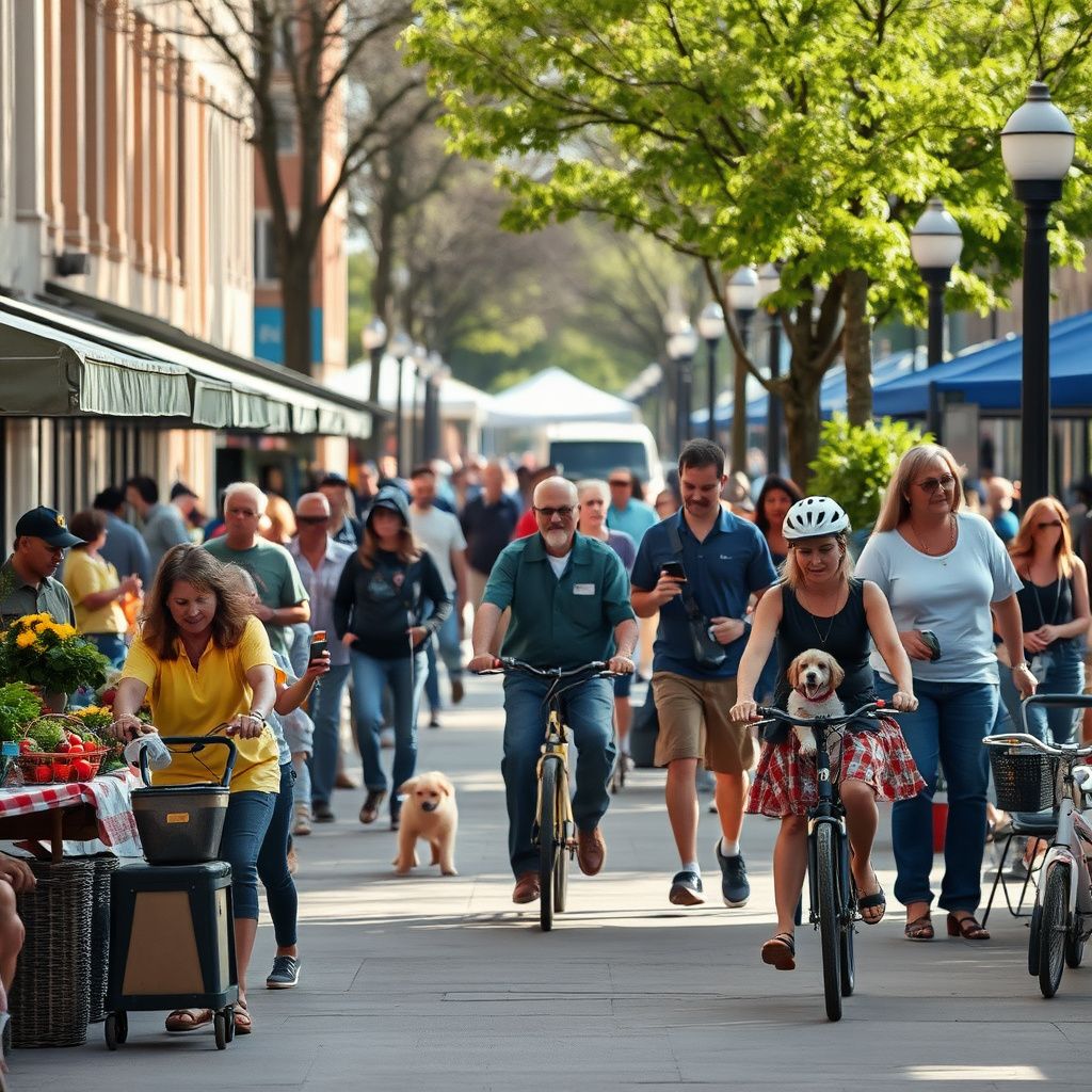 Historic downtown Overland Park street scene with brick buildings and mature trees, reflecting the city's planned community origins.