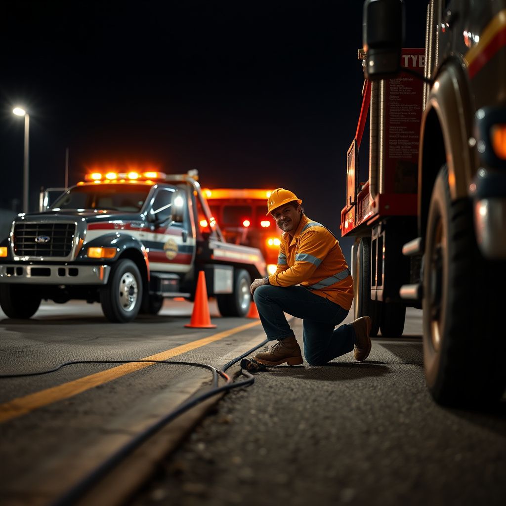 Snappy Towing operator giving a thumbs up next to a tow truck with Independence, Missouri cityscape in the background.