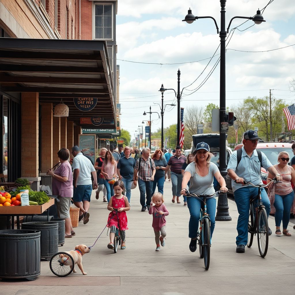 Historic brick buildings and storefronts lining a bustling street in Downtown Lee's Summit, Missouri, on a sunny day.