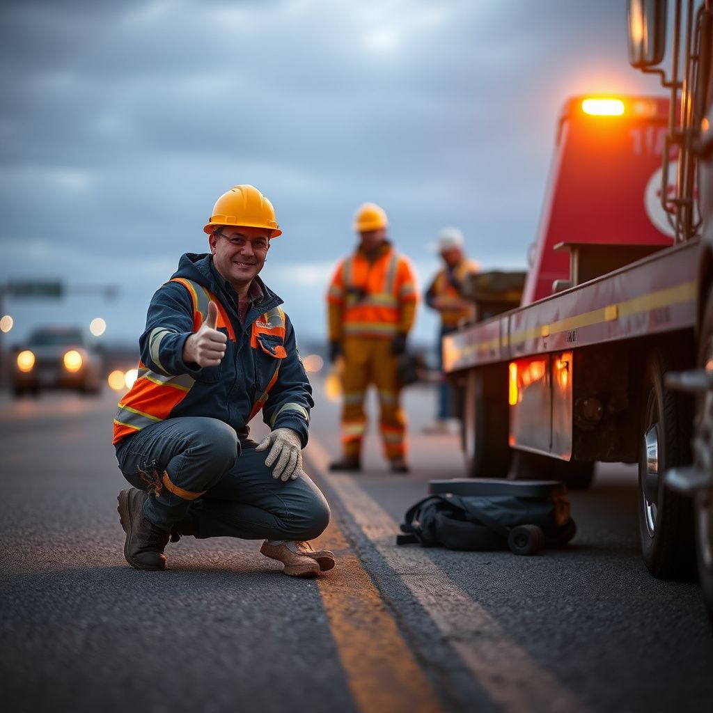 A Snappy Towing tow truck driver assisting a motorist with a flat tire on a suburban road in Lee's Summit.
