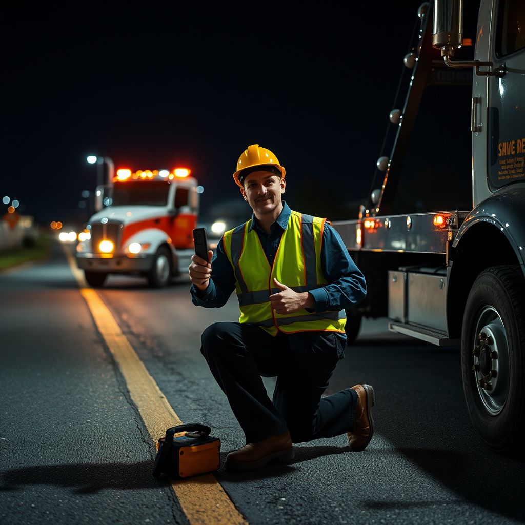 A Snappy Towing operator in uniform, smiling and giving a thumbs-up next to a modern tow truck on a clear day in Raytown, Missouri.
