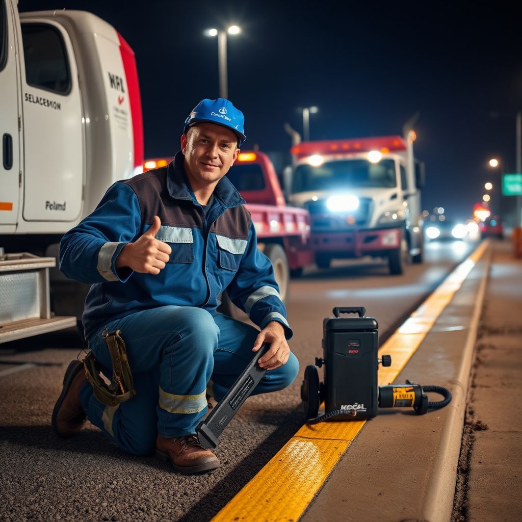 A Snappy Towing technician in uniform smiling and giving a thumbs up next to a tow truck on a sunny Grandview road.