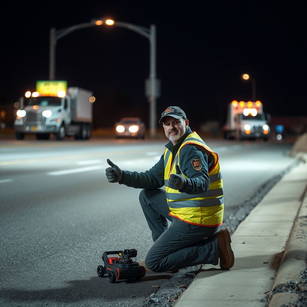 A Snappy Towing technician safely securing a vehicle onto a flatbed tow truck on a highway near Liberty, Missouri, at dusk.